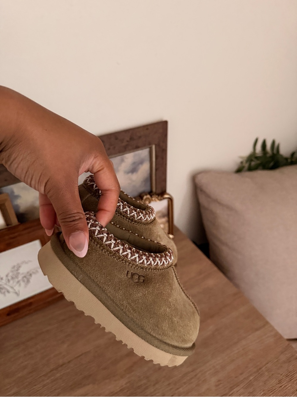 UGG Kids Suede Slip-On Slippers in Olive with Knit Trim